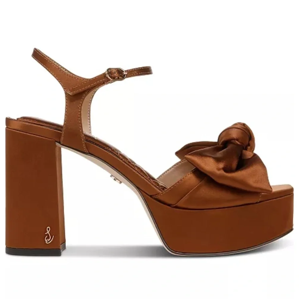 NEW Sam Edelman Julieta Platform Block Heel Sandals in Mocha Camel Satin